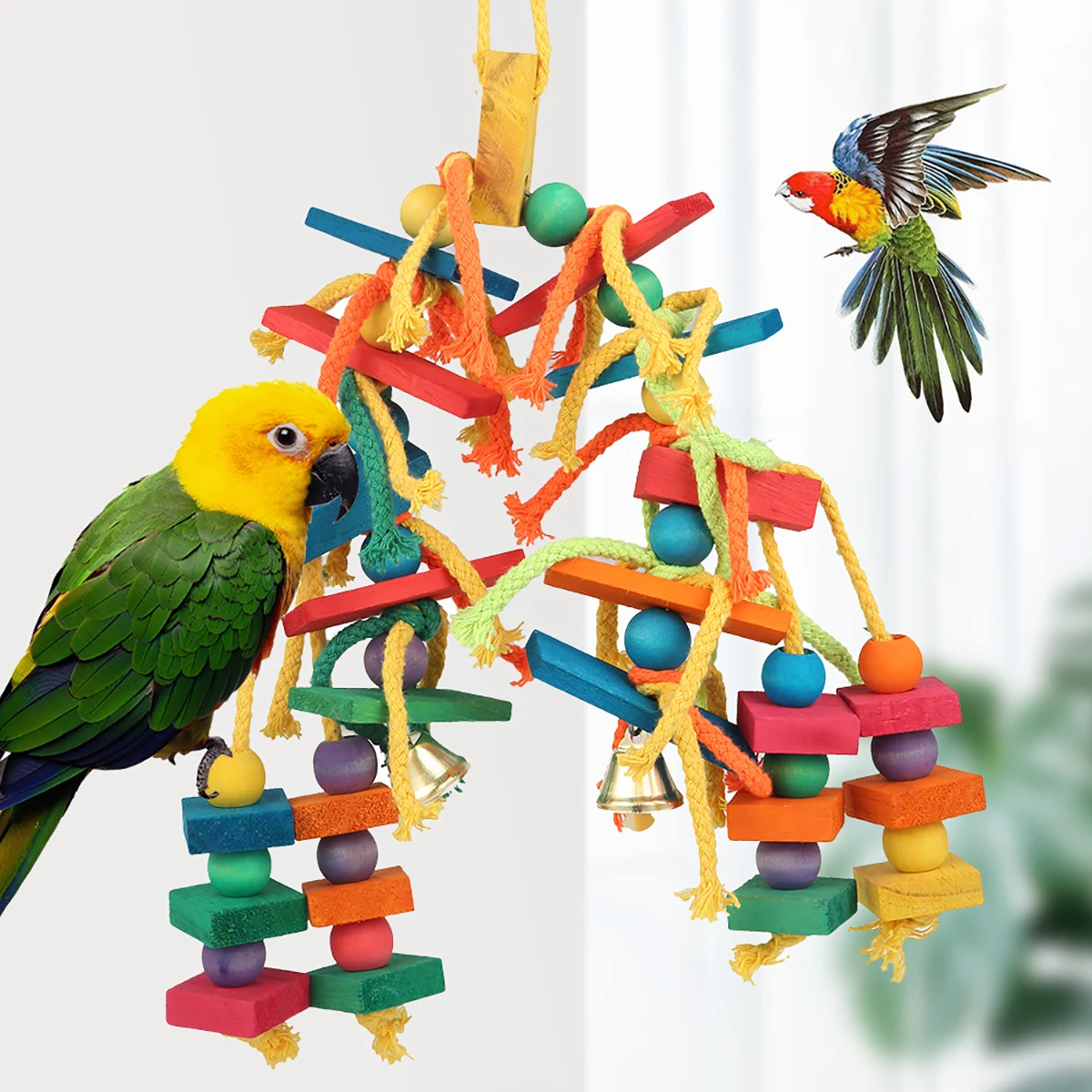 Safe Parrot Chew Toy with Hook Colorful Wooden Beads Ropes Natural Blocks Tearing Toys for Small Medium Birds Mini Macaw thumbnail 2
