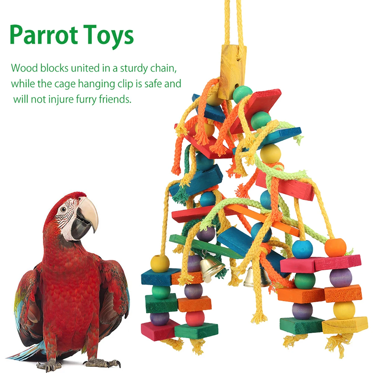 Safe Parrot Chew Toy with Hook Colorful Wooden Beads Ropes Natural Blocks Tearing Toys for Small Medium Birds Mini Macaw thumbnail 5