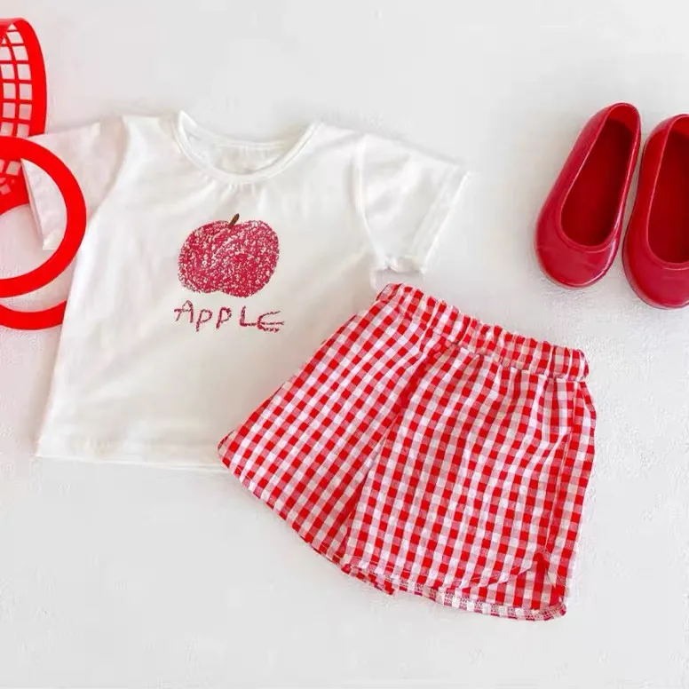 Fashion 2pcs Baby Girl's Short Sleeve Suit Fruit Print Sets Kids T-shirts +shorts Plaid Clothing Toddler Princess Girl Outfits thumbnail 2