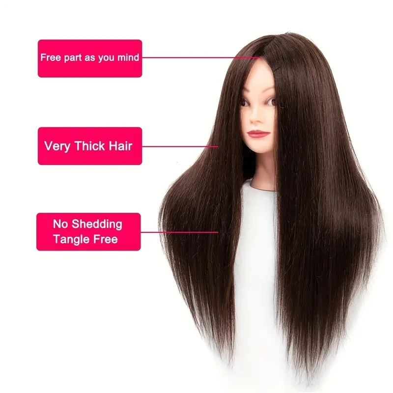 Mannequin Head 22 Inch Brown 95% Real Human Hair Training Hair Barber Mannequin Head Doll Hair Styling thumbnail 2