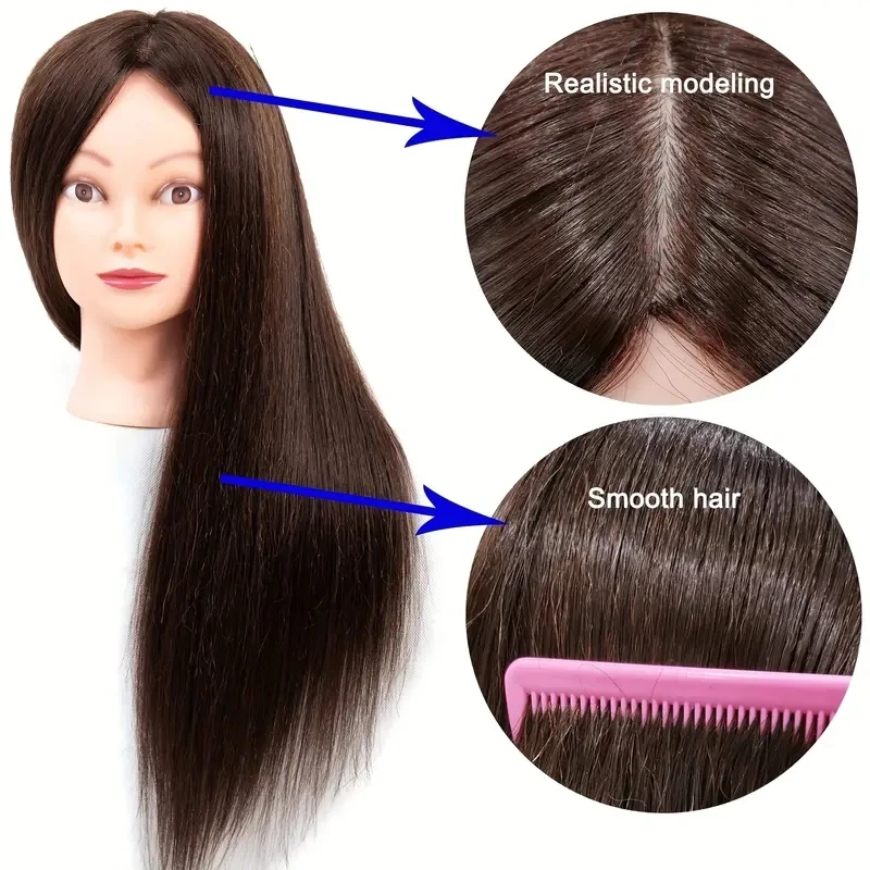 Mannequin Head 22 Inch Brown 95% Real Human Hair Training Hair Barber Mannequin Head Doll Hair Styling thumbnail 4