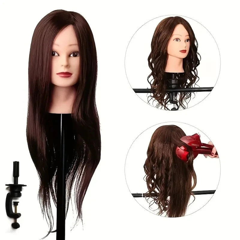 Mannequin Head 22 Inch Brown 95% Real Human Hair Training Hair Barber Mannequin Head Doll Hair Styling thumbnail 5
