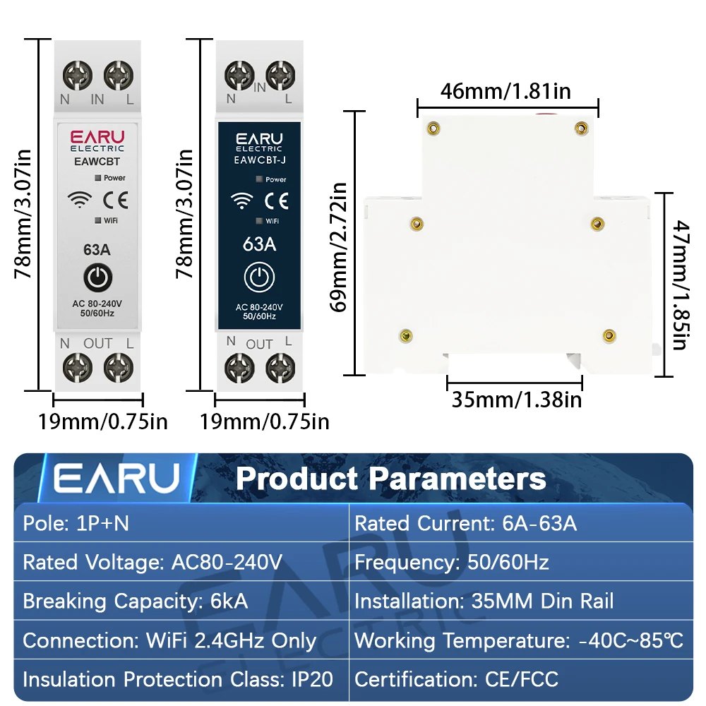 Tuya WiFi Smart Circuit Breaker MCB 1P+N 63A Timer Power Energy kWh Voltage Current Meter Protector Voice Remote Control Switch thumbnail 2