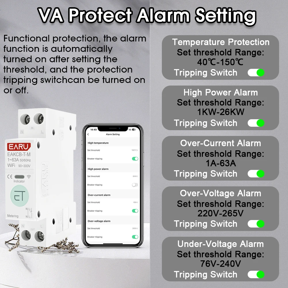 Tuya WiFi Smart Circuit Breaker MCB 1P+N 63A Timer Power Energy kWh Voltage Current Meter Protector Voice Remote Control Switch thumbnail 6