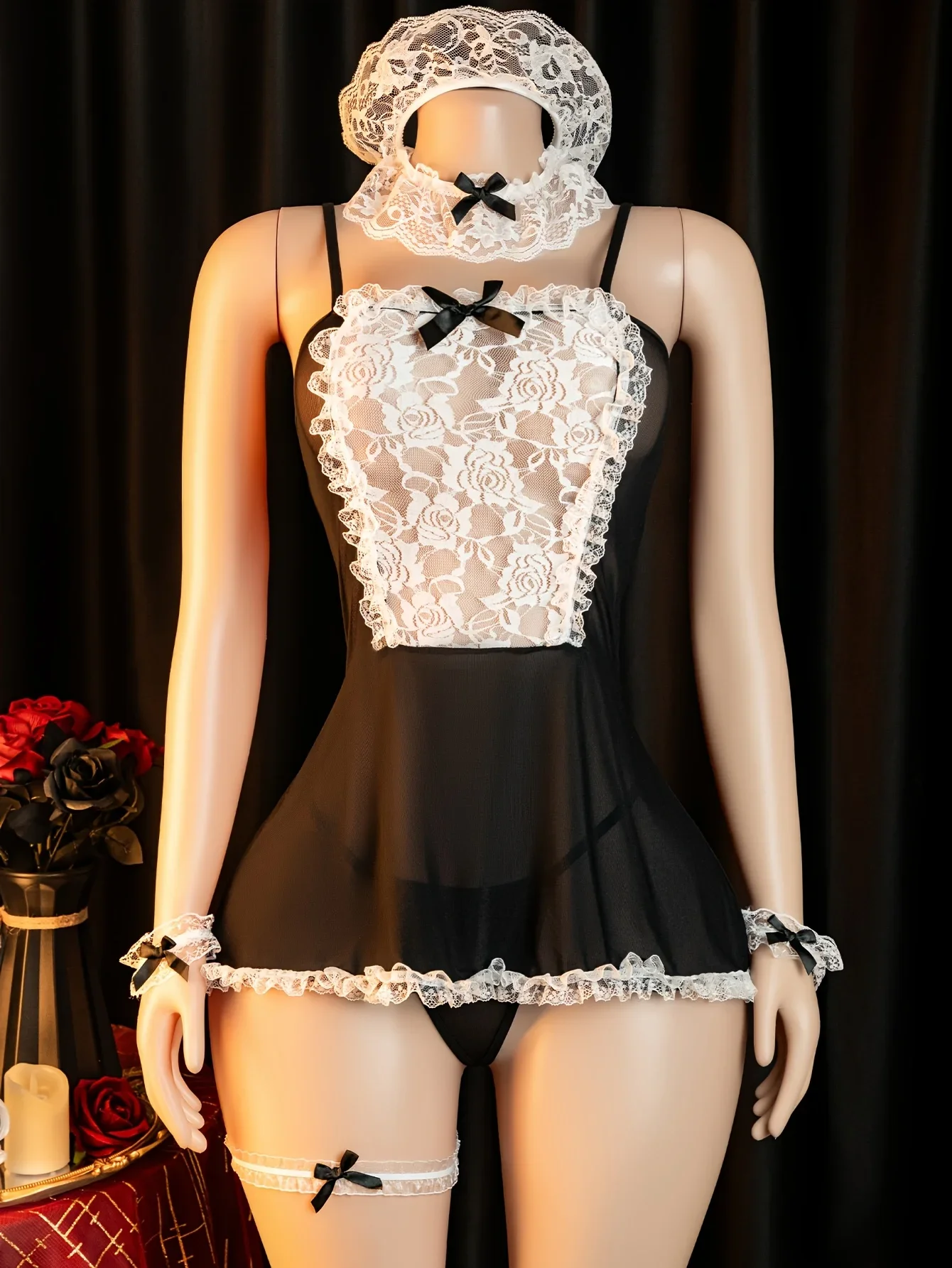Sexy Crotchless Lingerie Women Cosplay Lolita Uniform French Apron T panties Maid Dress Erotic Underwear Role Play Costumes sets thumbnail 4