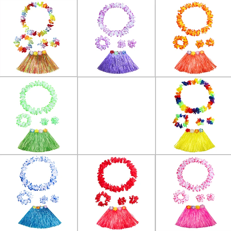 Kids Girls Hawaiian Luau Grass Hula Hawaiian Style Suit Flower Skirt Garland Hula Skirt Dance Party Costume Set Woman Dress Up thumbnail 5