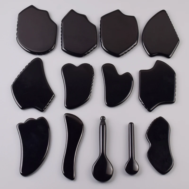 Wholesale Various Shape Black Obsidian Face Gua Sha Tool Sawtooth SPA Massager Acupuncture Facial Beauty Product For Health Care thumbnail 2