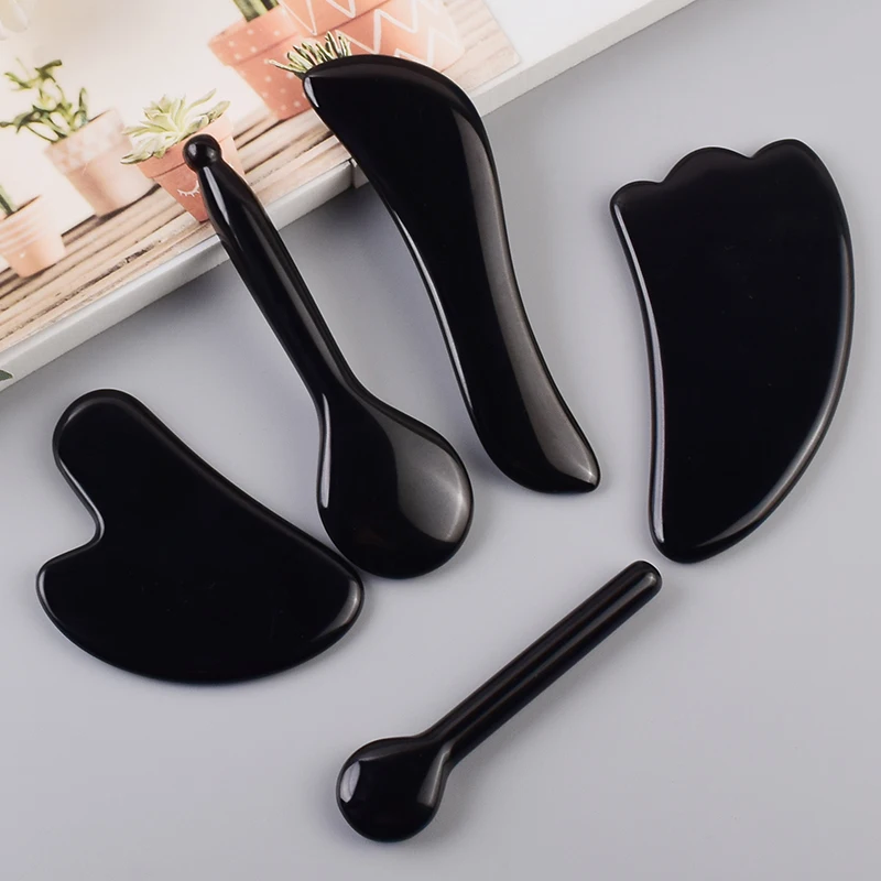 Wholesale Various Shape Black Obsidian Face Gua Sha Tool Sawtooth SPA Massager Acupuncture Facial Beauty Product For Health Care thumbnail 4