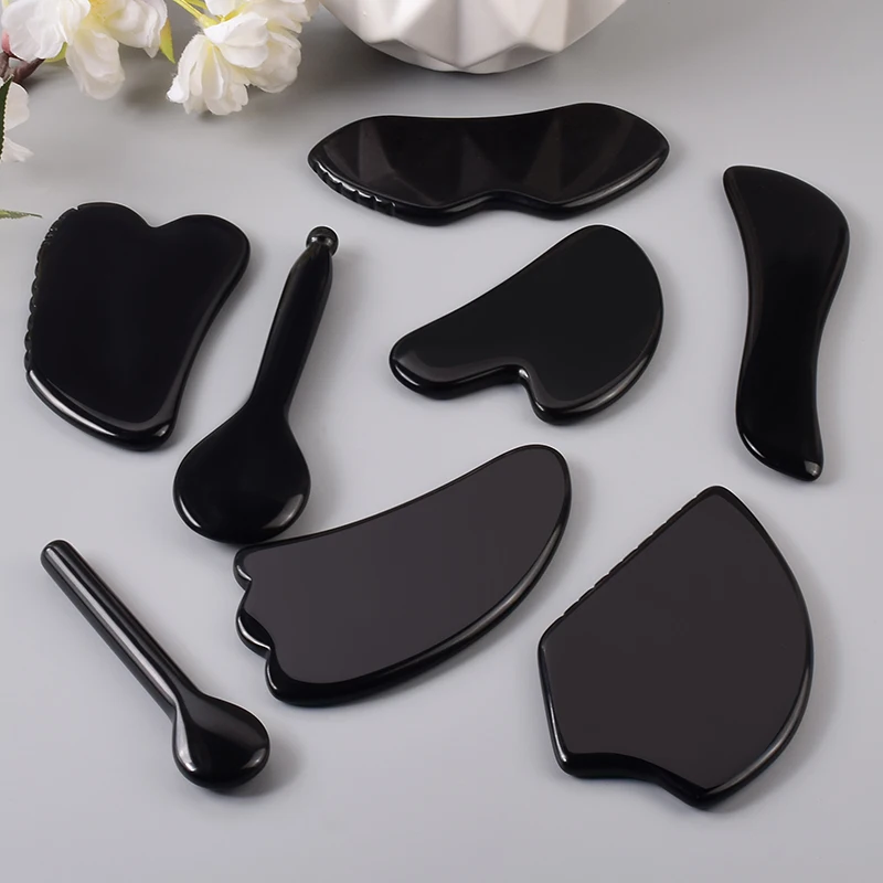 Wholesale Various Shape Black Obsidian Face Gua Sha Tool Sawtooth SPA Massager Acupuncture Facial Beauty Product For Health Care thumbnail 5