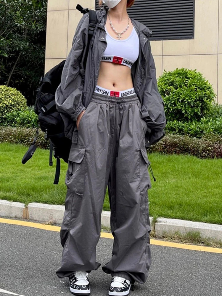 Y2K Parachute Black Pants Women Hippie Streetwear Oversize Pockets Cargo Trousers Harajuku Wide Leg Baggy Sweatpants thumbnail 3