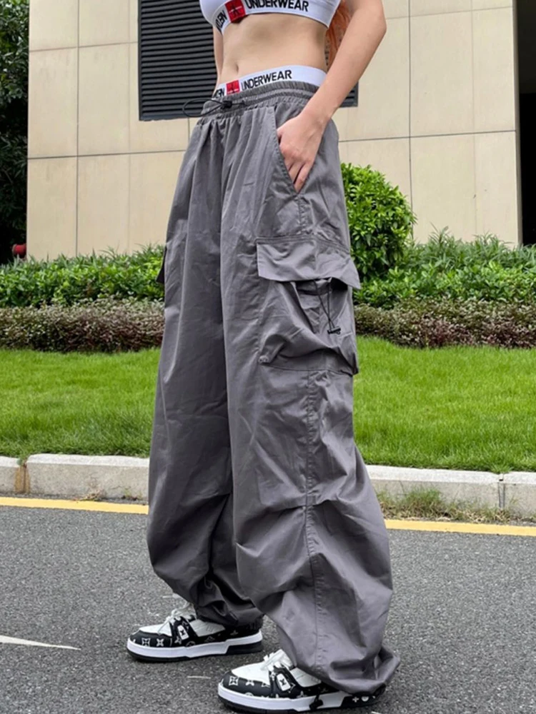 Y2K Parachute Black Pants Women Hippie Streetwear Oversize Pockets Cargo Trousers Harajuku Wide Leg Baggy Sweatpants thumbnail 4