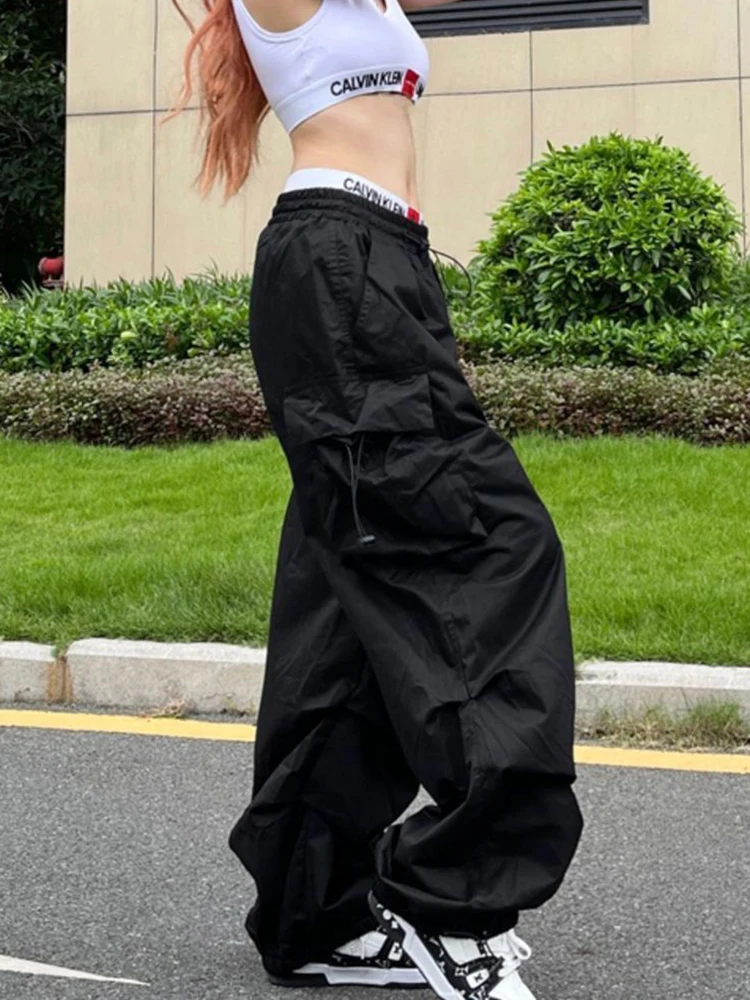 Y2K Parachute Black Pants Women Hippie Streetwear Oversize Pockets Cargo Trousers Harajuku Wide Leg Baggy Sweatpants thumbnail 2