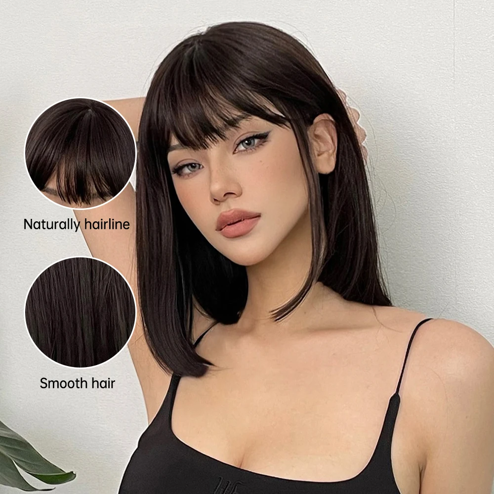 Short Black Brown Synthetic Natural Hair Wigs for Women Bob Straight Wig with Bangs High Temperature Daily Cosplay Party Wigs thumbnail 4