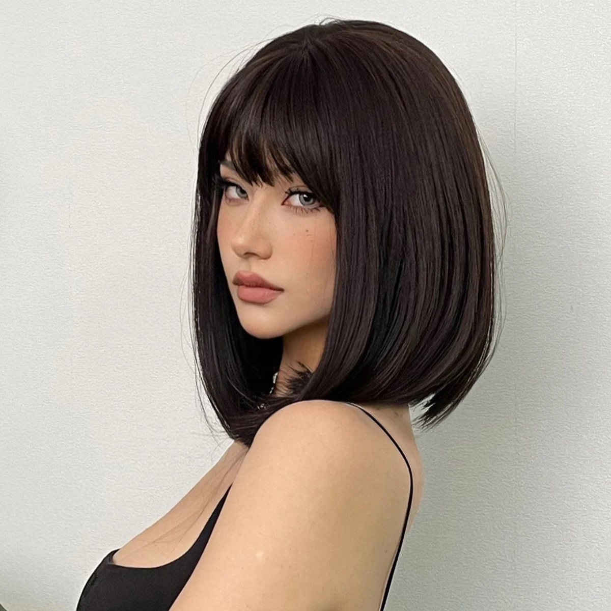 Short Black Brown Synthetic Natural Hair Wigs for Women Bob Straight Wig with Bangs High Temperature Daily Cosplay Party Wigs thumbnail 2