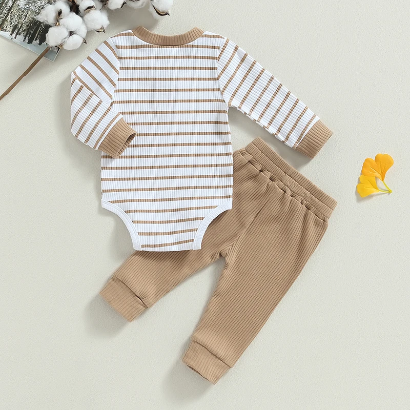 Newborn Baby Boys Girl Fall Winter Clothes Ribbed Knitted Long Sleeve Romper Solid Long Pants Cotton Infant Outfits thumbnail 5