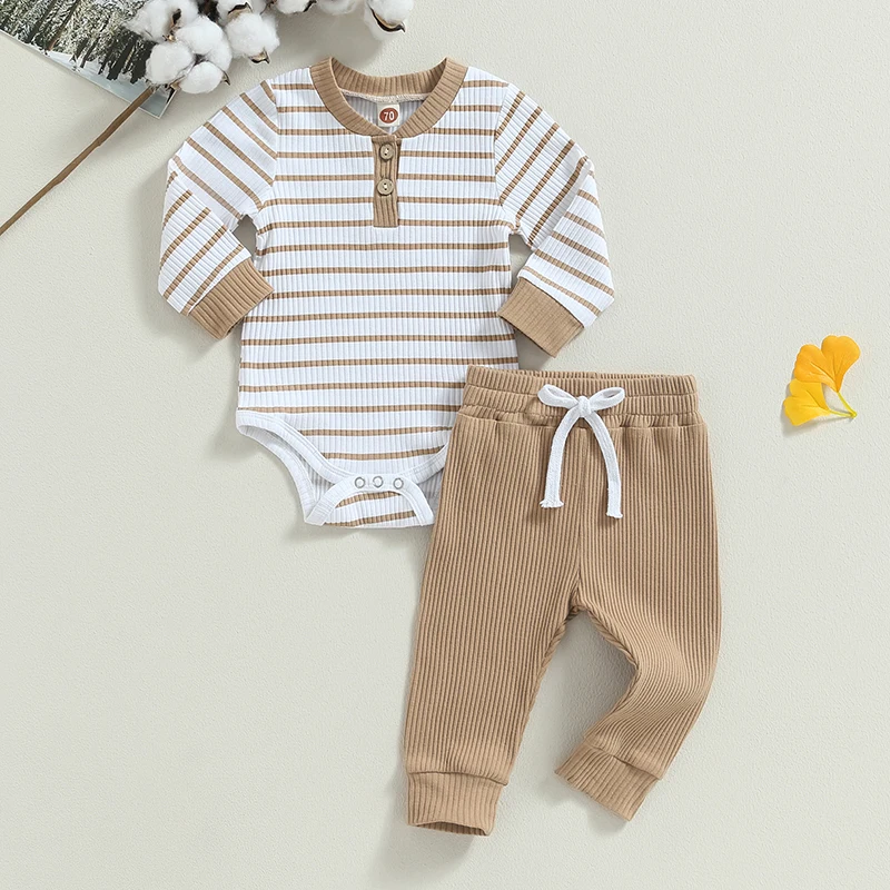 Newborn Baby Boys Girl Fall Winter Clothes Ribbed Knitted Long Sleeve Romper Solid Long Pants Cotton Infant Outfits thumbnail 2