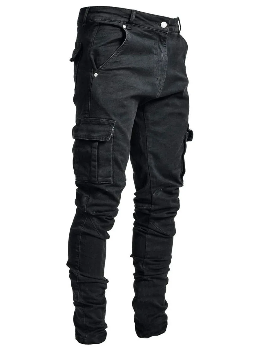 new Jeans Men Pants Wash Solid Color Multi Pockets Denim Mid Waist Cargo Jeans Plus Size Fahsion Casual Trousers Male Daily Wear thumbnail 3