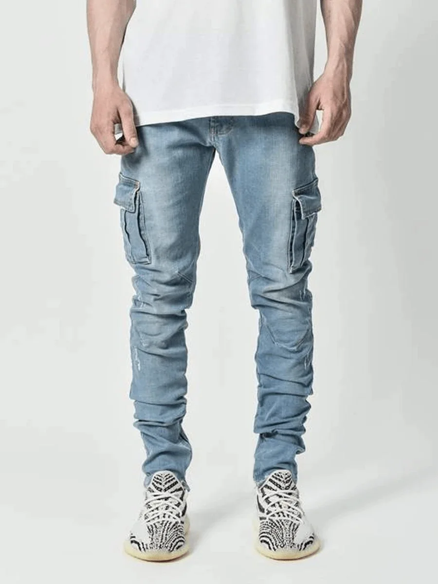 new Jeans Men Pants Wash Solid Color Multi Pockets Denim Mid Waist Cargo Jeans Plus Size Fahsion Casual Trousers Male Daily Wear thumbnail 6