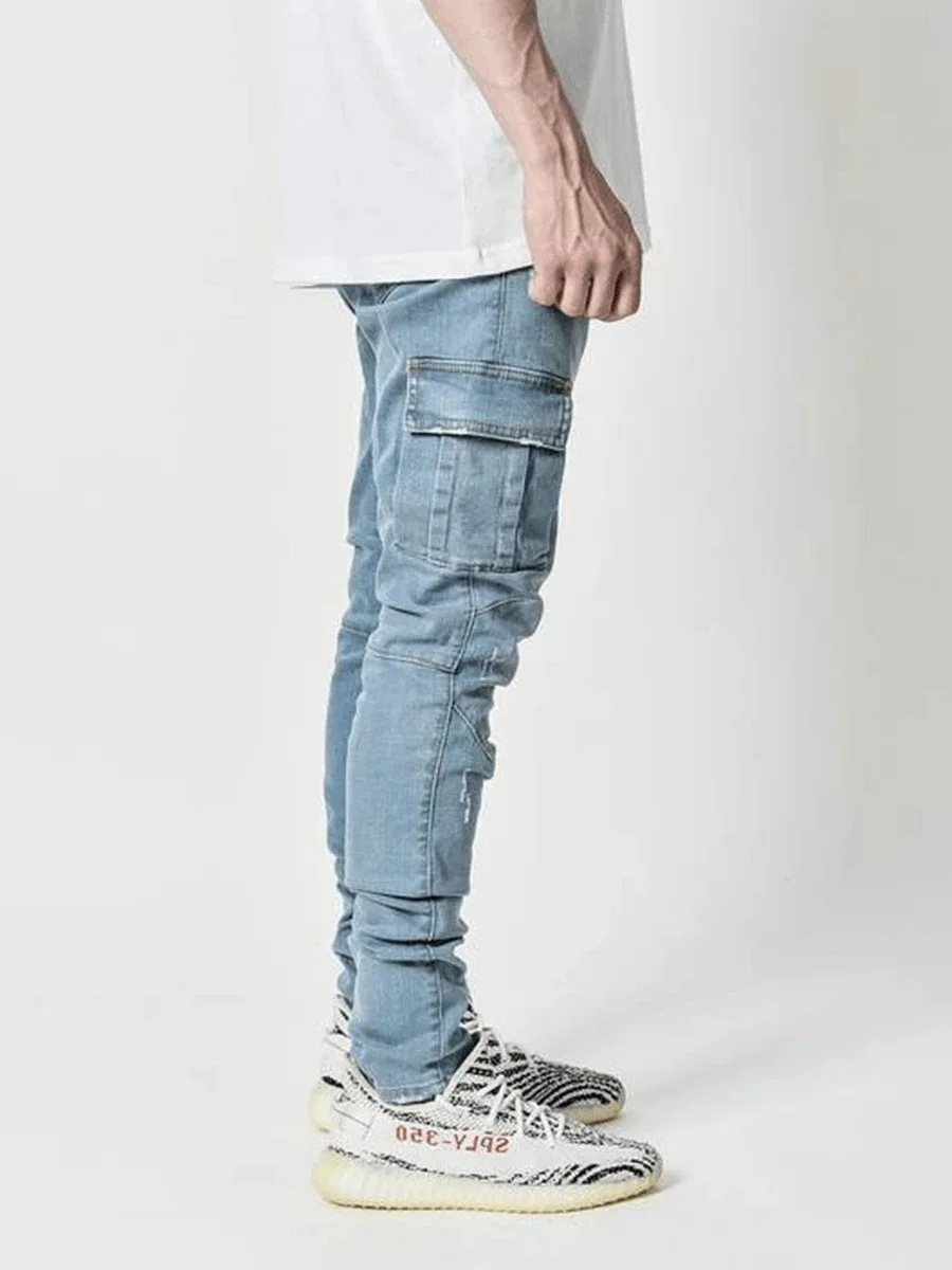 new Jeans Men Pants Wash Solid Color Multi Pockets Denim Mid Waist Cargo Jeans Plus Size Fahsion Casual Trousers Male Daily Wear thumbnail 4