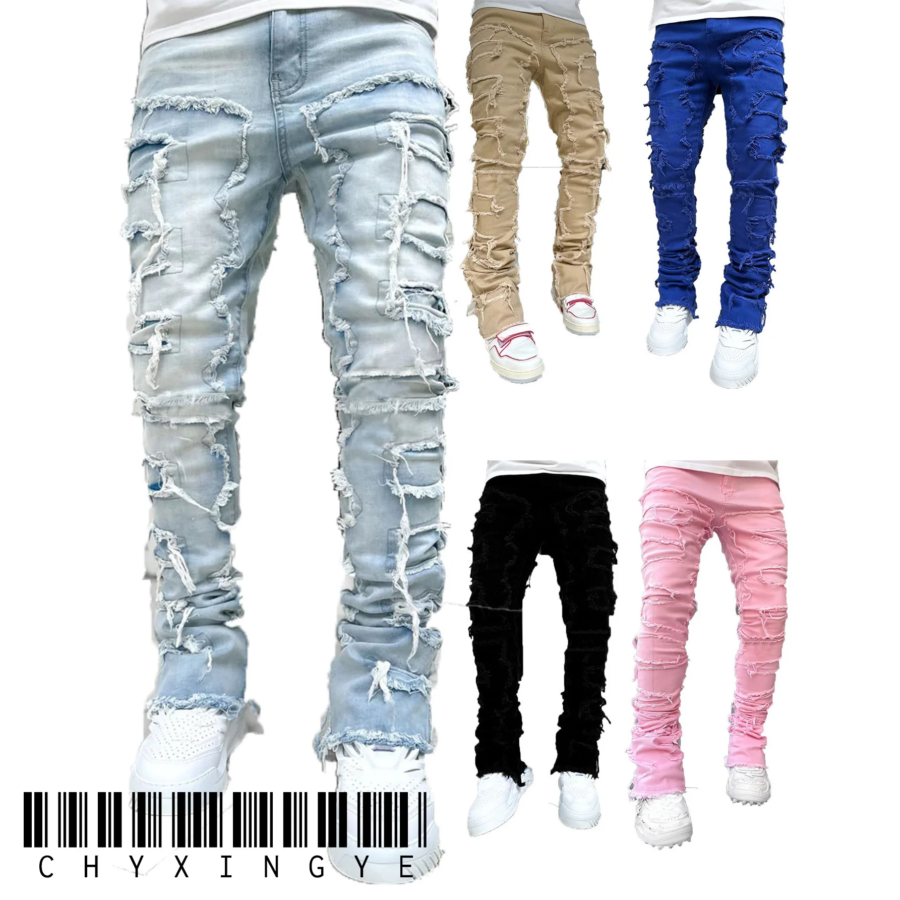 Streetwise Stretch Patch Jeans For Men Bottom Baggy Men's Clothing Summer Solid New Fashion Mid Waist Patchwork Long Pants Male thumbnail 3