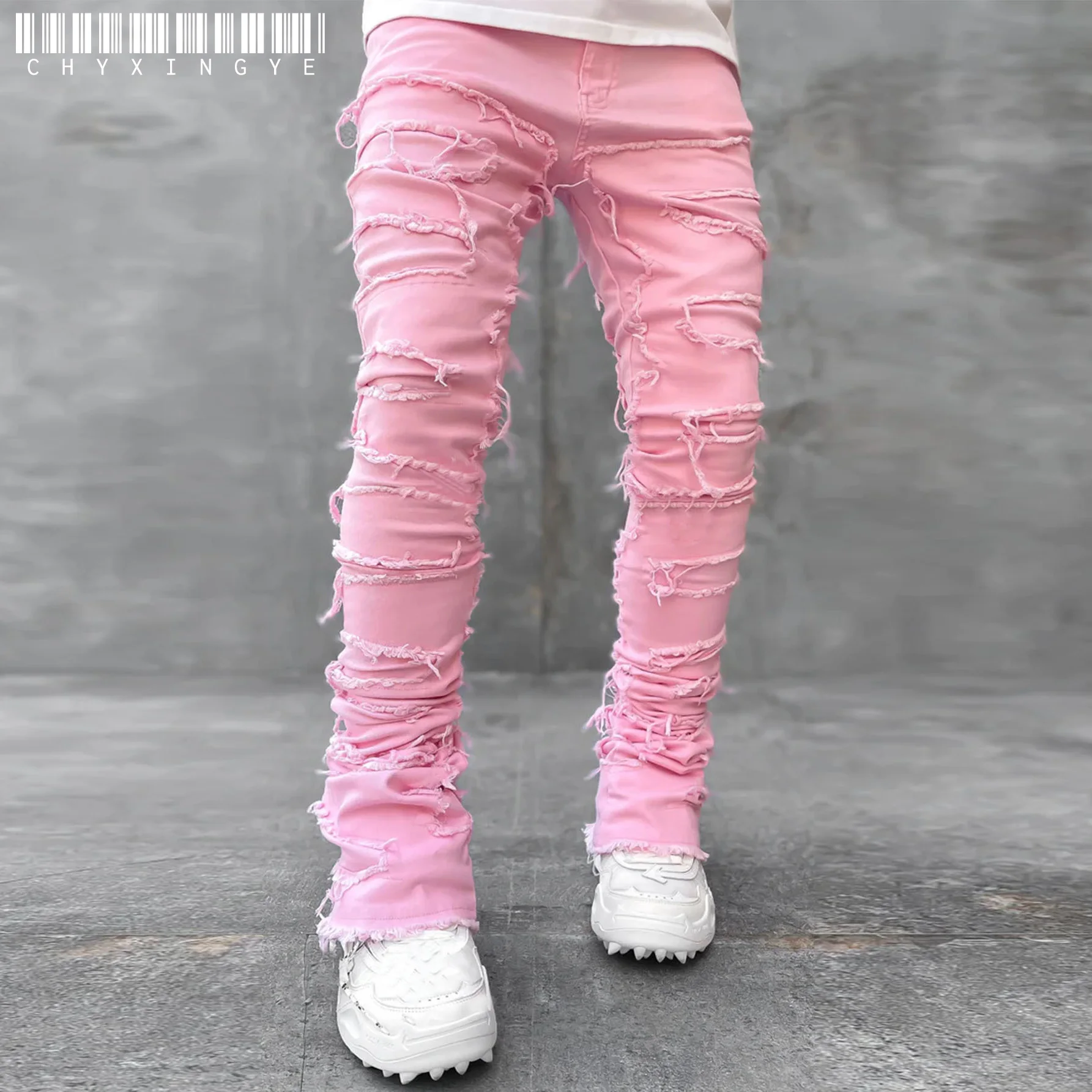 Streetwise Stretch Patch Jeans For Men Bottom Baggy Men's Clothing Summer Solid New Fashion Mid Waist Patchwork Long Pants Male thumbnail 2