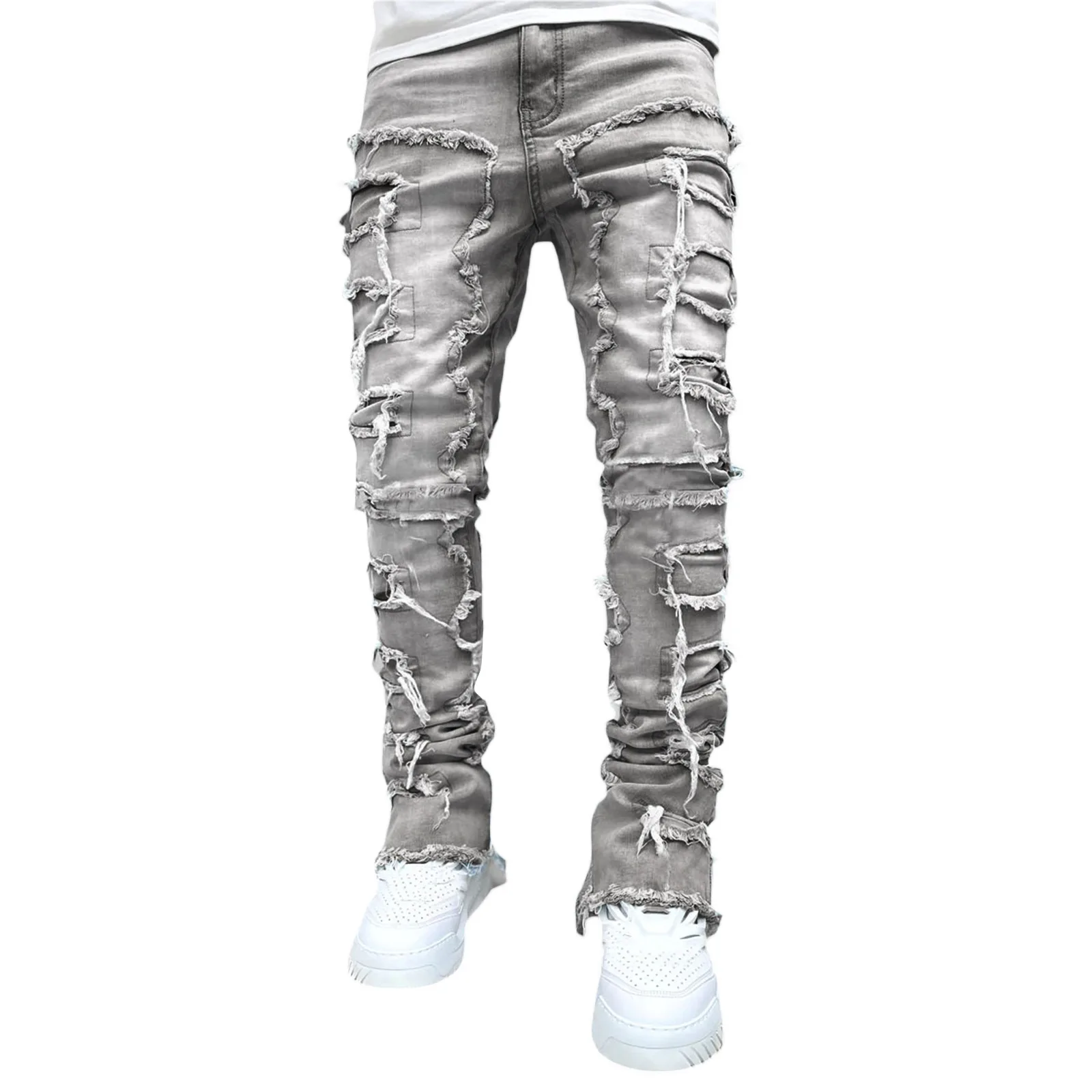 Streetwise Stretch Patch Jeans For Men Bottom Baggy Men's Clothing Summer Solid New Fashion Mid Waist Patchwork Long Pants Male thumbnail 6