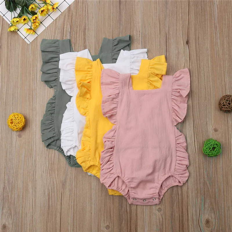 0-24months Baby Girl Sleeveless Bodysuit Ruffle Solid Pink White Yellow Green Summer Romper For Toddler Girls thumbnail 2
