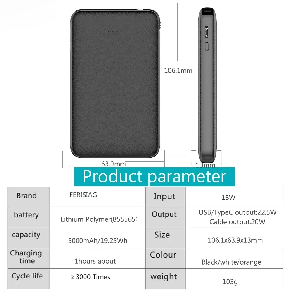 FERISING-Quick Charger Power Bank, 5000mAh, Type C Portable, PD20W, 22.5W, External Battery Charge for Xiaomi Oneplus, Samsung thumbnail 6