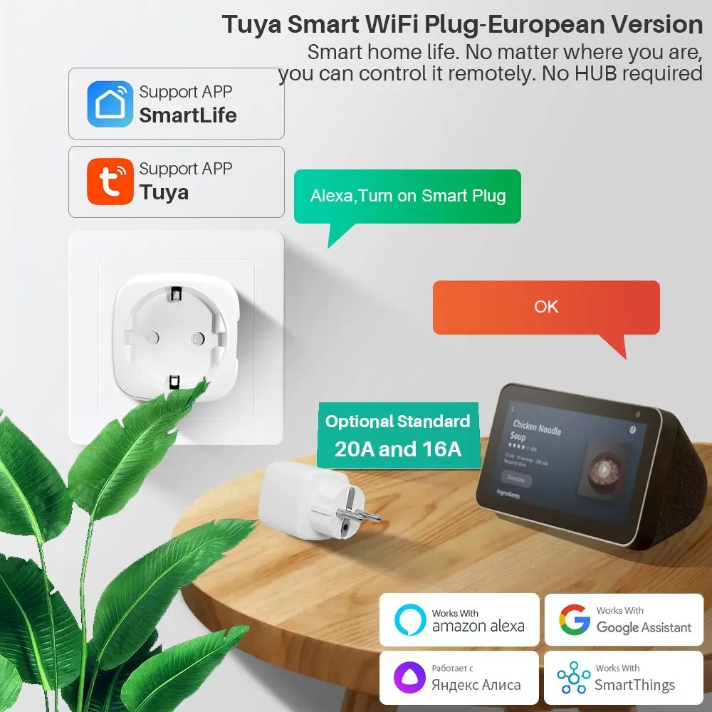 Tuya Smart Plug WiFi EU 16A/20A Smart Socket With Power Monitor Timing Smart Life Support Alexa Google Home Yandex SmartThings thumbnail 2