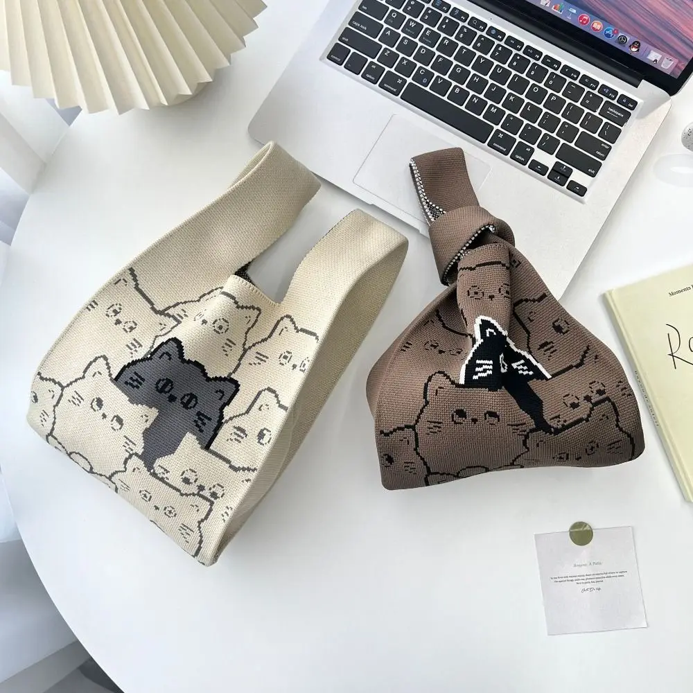 Cat Knit Handbag Casual Handmade Knit Shopping Bags High-capacity Knot Wrist Bag Girls thumbnail 3