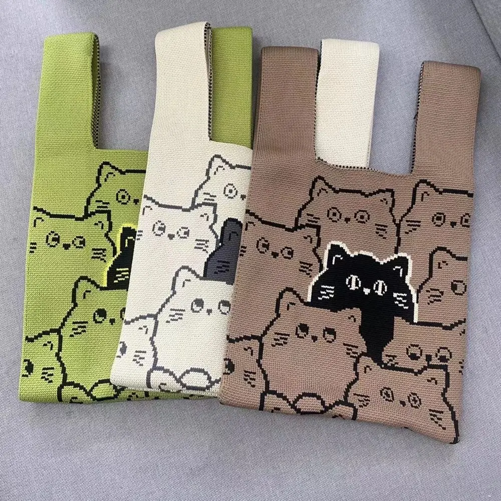 Cat Knit Handbag Casual Handmade Knit Shopping Bags High-capacity Knot Wrist Bag Girls thumbnail 4