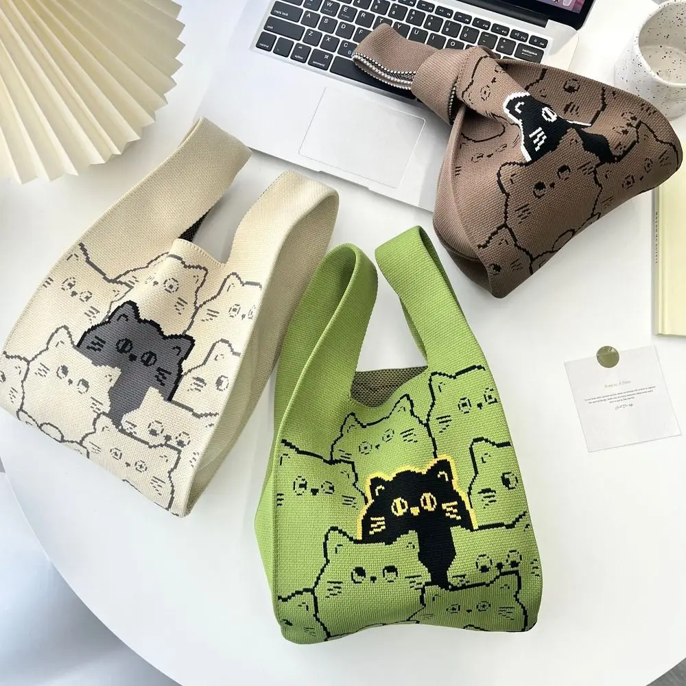 Cat Knit Handbag Casual Handmade Knit Shopping Bags High-capacity Knot Wrist Bag Girls thumbnail 2