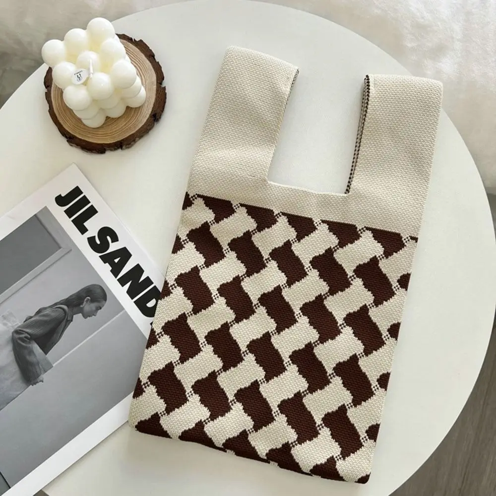 Plaid Niche Design Casual Color Shopping Bags Women Girls Tote Bag Knit Handbag Handmade Knot Wrist Bag thumbnail 3