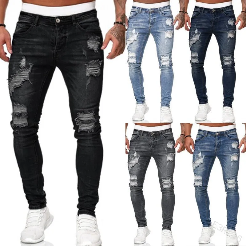 Men Jeans Knee Hole Ripped Stretch Skinny Denim Pants Solid Color Black Blue Autumn Summer Hip-Hop Style Slim Fit Trousers S-4XL thumbnail 2