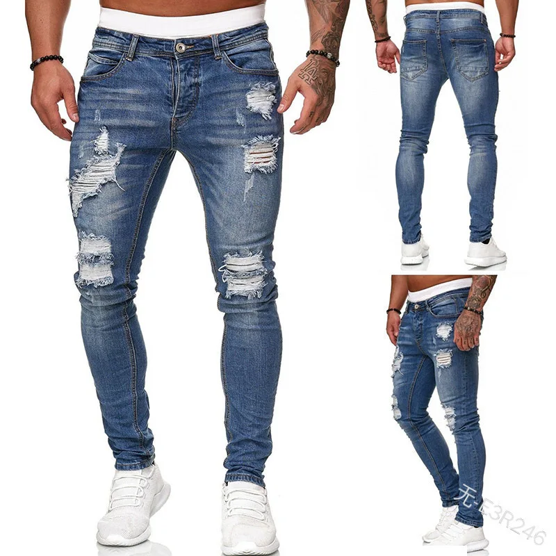 Men Jeans Knee Hole Ripped Stretch Skinny Denim Pants Solid Color Black Blue Autumn Summer Hip-Hop Style Slim Fit Trousers S-4XL thumbnail 3