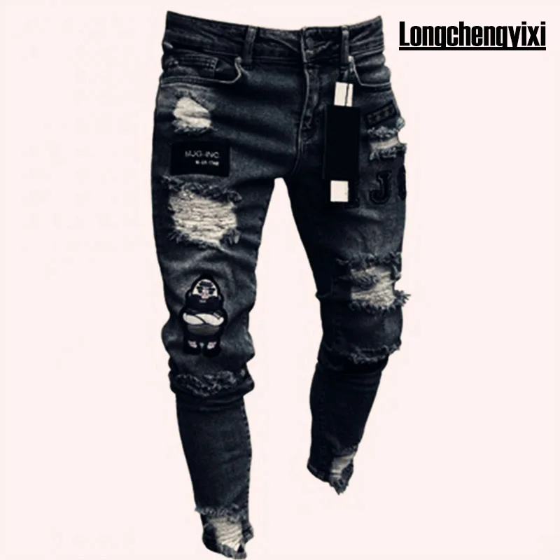 Men Jeans Knee Hole Ripped Stretch Skinny Denim Pants Solid Color Black Blue Autumn Summer Hip-Hop Style Slim Fit Trousers S-4XL thumbnail 5