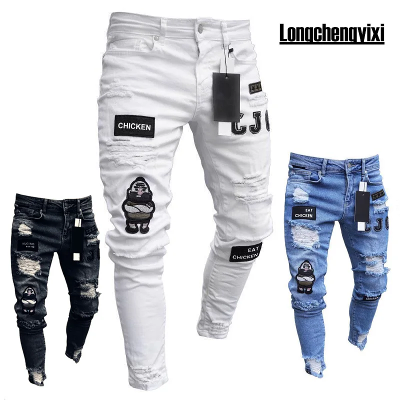 Men Jeans Knee Hole Ripped Stretch Skinny Denim Pants Solid Color Black Blue Autumn Summer Hip-Hop Style Slim Fit Trousers S-4XL thumbnail 4