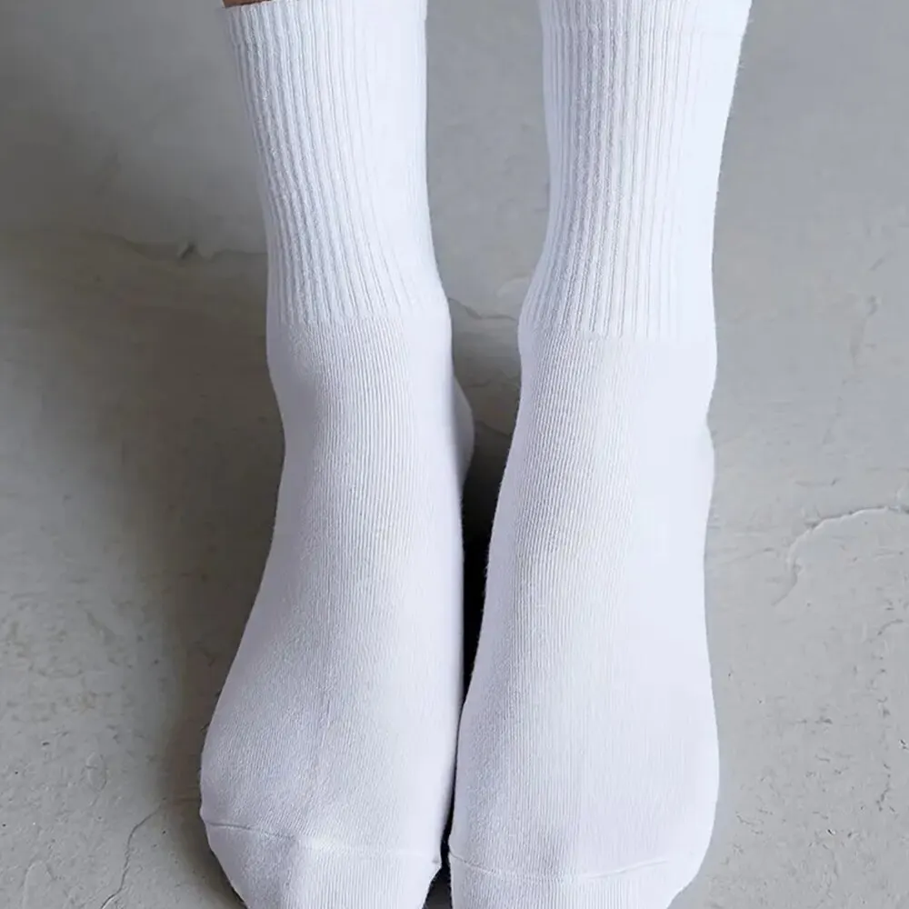 7/10 Pairs Mid Length Socks Women Classic Black White Solid Color Fashionable Casual Sports Sweat Absorbing Breathable Men Socks thumbnail 4