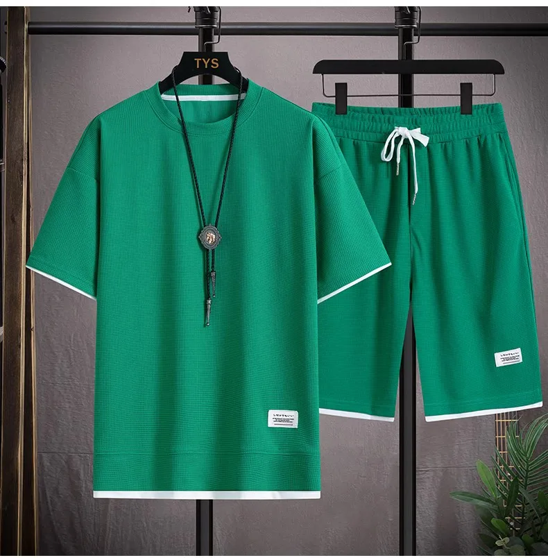 Waffle Men's Summer Short Sleeve And Shorts Two Piece Sets Sports Casual Tracksuit Men Comfortable Cool Shorts Oversized Set thumbnail 5