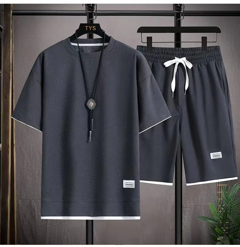 Waffle Men's Summer Short Sleeve And Shorts Two Piece Sets Sports Casual Tracksuit Men Comfortable Cool Shorts Oversized Set thumbnail 2