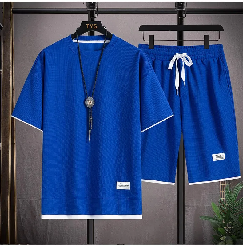 Waffle Men's Summer Short Sleeve And Shorts Two Piece Sets Sports Casual Tracksuit Men Comfortable Cool Shorts Oversized Set thumbnail 6