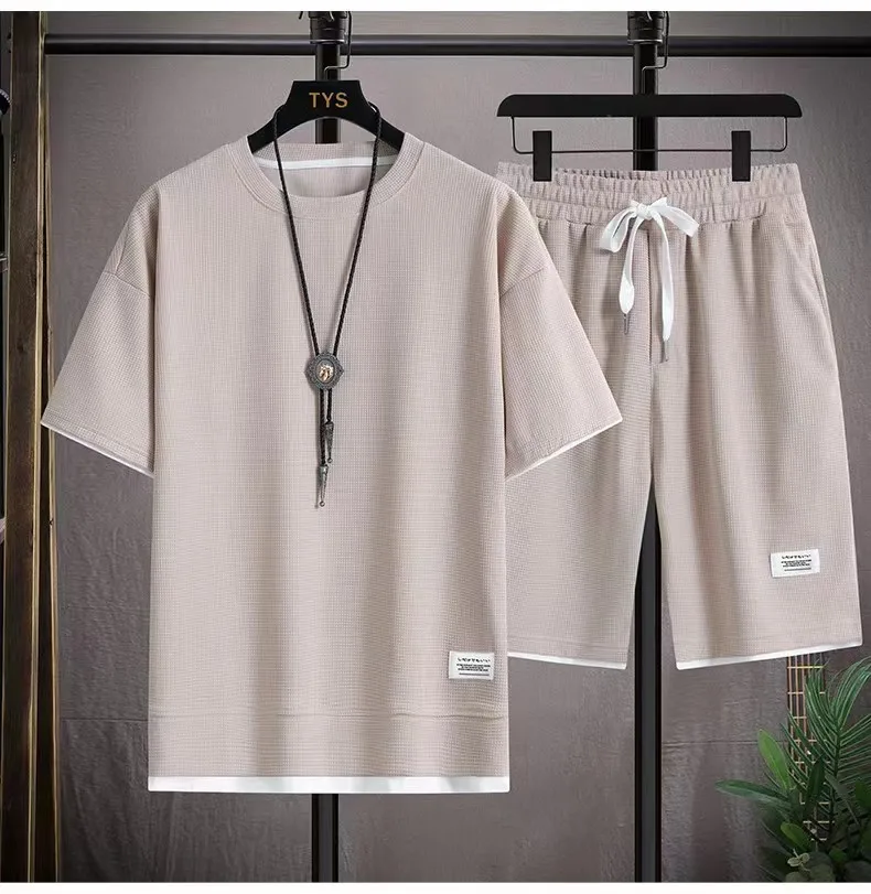Waffle Men's Summer Short Sleeve And Shorts Two Piece Sets Sports Casual Tracksuit Men Comfortable Cool Shorts Oversized Set thumbnail 3