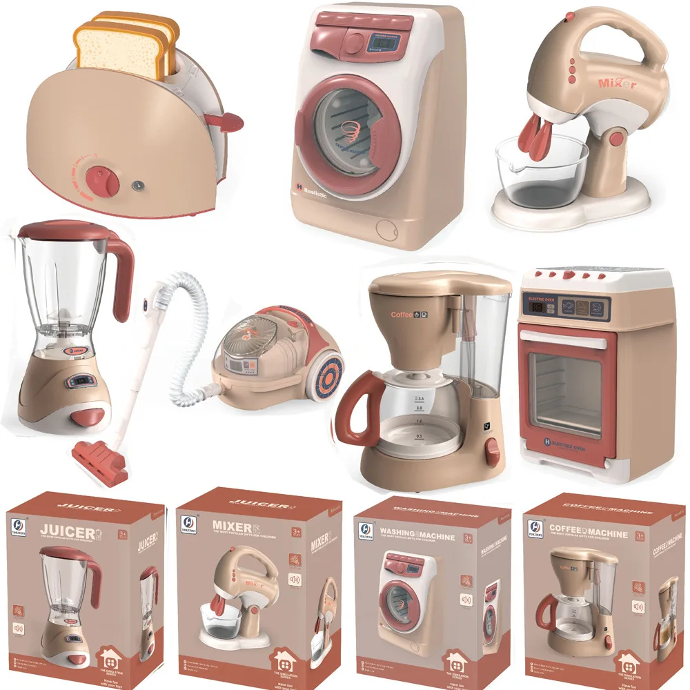 Kids Pretend Kitchen Play Toys Electric Vacuum Cleaner Water Sweeper Household Juicer coffee Washing Machine with Light Sound