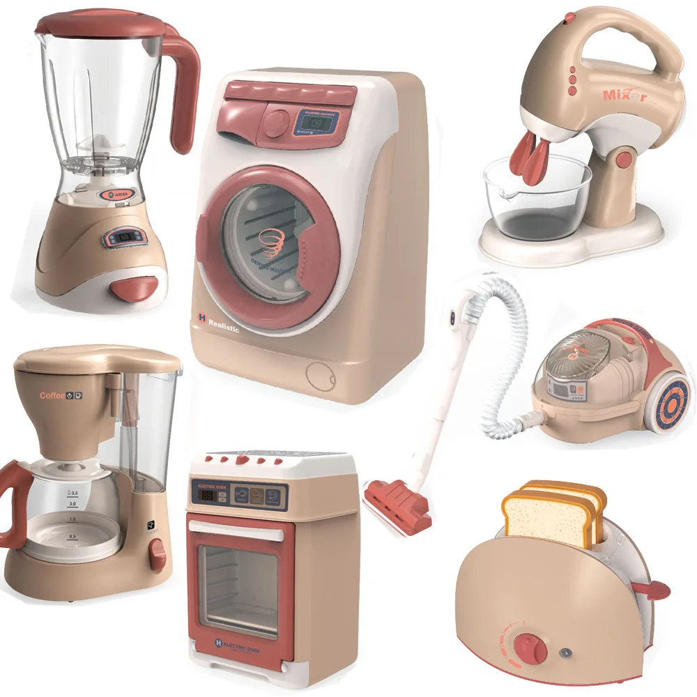 Kids Pretend Kitchen Play Toys Electric Vacuum Cleaner Water Sweeper Household Juicer coffee Washing Machine with Light Sound thumbnail 2