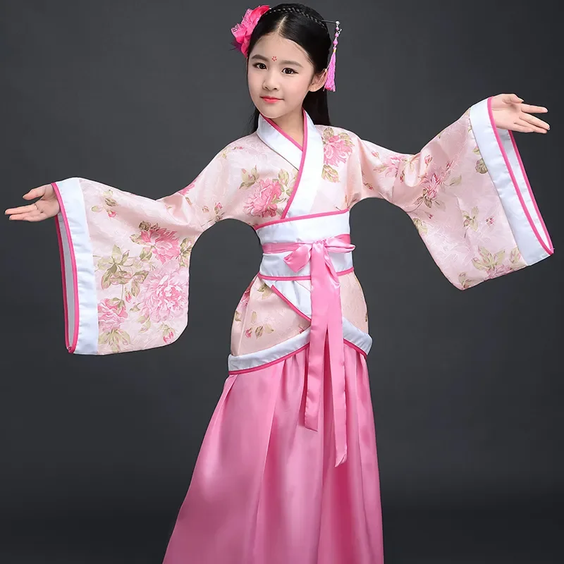 Chinese silk robe Costume Girls Children Kimono China Traditional Vintage Ethnic Fan Students Chorus Dance Costume Hanfu thumbnail 3