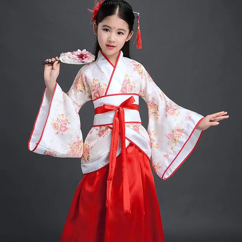 Chinese silk robe Costume Girls Children Kimono China Traditional Vintage Ethnic Fan Students Chorus Dance Costume Hanfu thumbnail 4