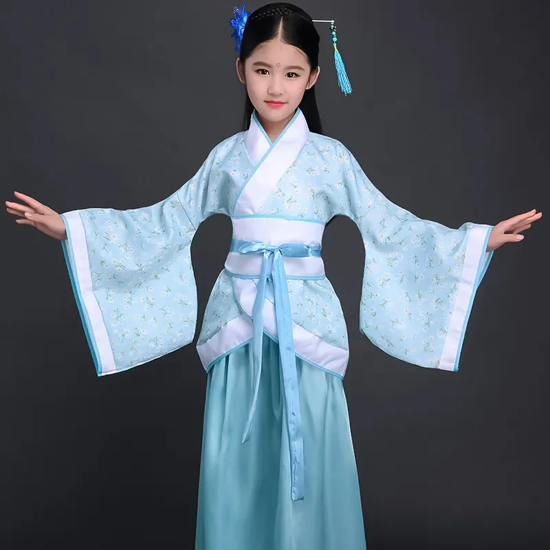 Chinese silk robe Costume Girls Children Kimono China Traditional Vintage Ethnic Fan Students Chorus Dance Costume Hanfu thumbnail 5