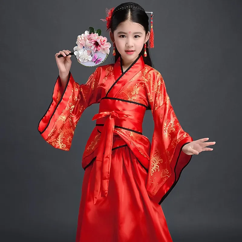 Chinese silk robe Costume Girls Children Kimono China Traditional Vintage Ethnic Fan Students Chorus Dance Costume Hanfu thumbnail 2