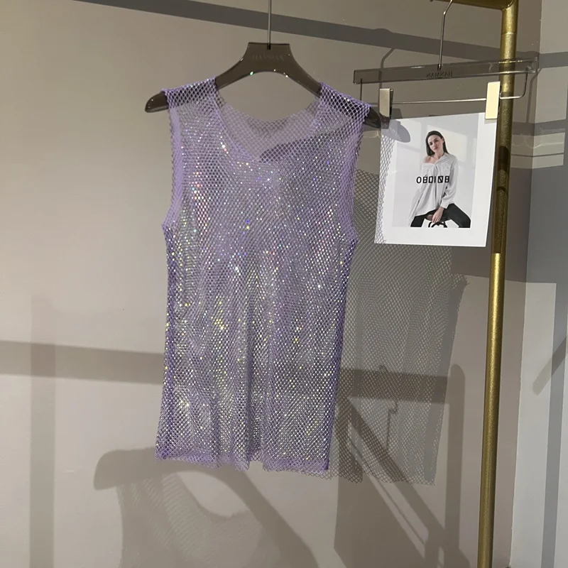 Women&Men Crystal  Rhinestones Shiny Sexy Y2K Tank Tops High Quality Party Club Sexy See Through Mesh Hollow Out Diamond shirt thumbnail 2