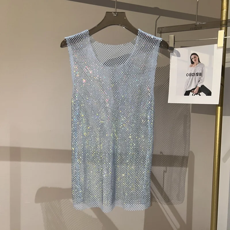 Women&Men Crystal  Rhinestones Shiny Sexy Y2K Tank Tops High Quality Party Club Sexy See Through Mesh Hollow Out Diamond shirt thumbnail 5